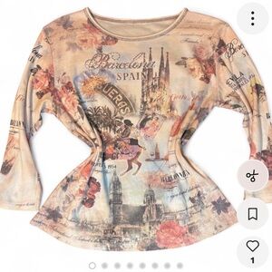 Barcelona y2k pink floral print long sleeve top , Spain destination tee
